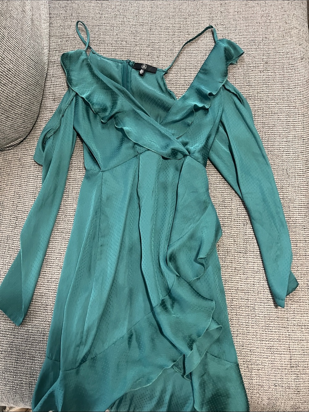 Missguided Teal Satin Ruffle Cold-Shoulder Long Sleeve Dress